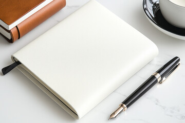 A sophisticated flat lay of a pristine white journal and pen on a clean desk, symbolizing the fresh start and clarity associated with purity of thought,
