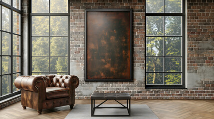 Rustic Industrial Loft Brown Leather Chair, Metal Artwork, and Brick Wall Interior Design.