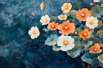 Orange and white flowers on textured blue background, home decor