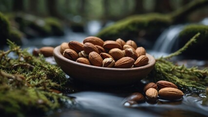 Fototapeta premium A rustic bowl filled with almonds resting on moss by a serene stream in a tranquil forest