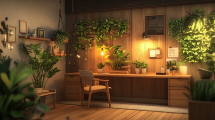 A cozy yet professional workspace with soft warm lighting, indoor plants, and wooden textures.