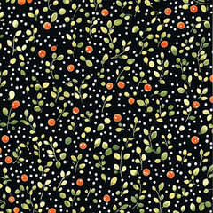 Elegant seamless pattern with small leaves, red berries and white dots on black background