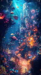 Naklejka premium Underwater City of Lights Fantasy Realm