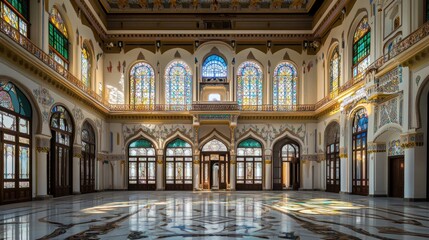 Obraz premium A cultural heritage hall with towering stained glass windows and intricate woodwork.