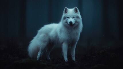 Majestic white wolf in dark forest, mystical ambiance, nature photography, ideal for fantasy art