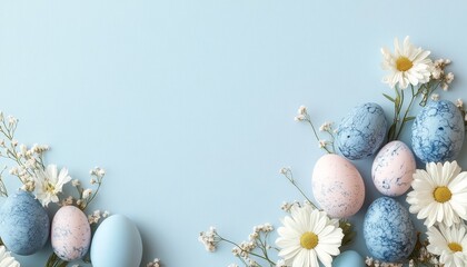 Obraz premium Stylish Easter Eggs with Spring Flowers on a Pastel Blue Background, Copy Space for Your Message