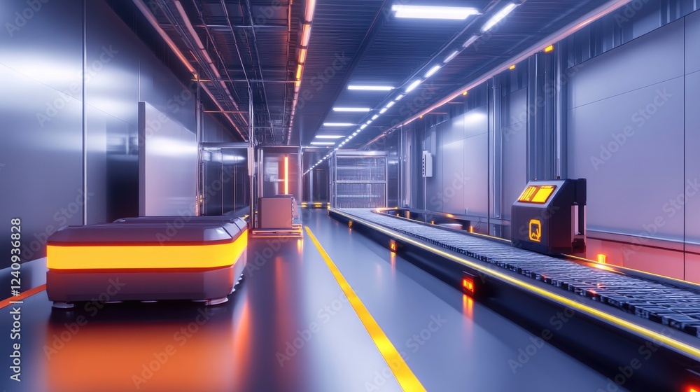 Poster a futuristic ai-driven warehouse with intelligent tracking systems and automated storage.