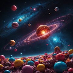 A surreal galaxy with planets made of candy and glowing stars.