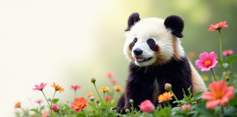Fototapeta premium Playful panda amidst vibrant flowers on white , botanical, colorful