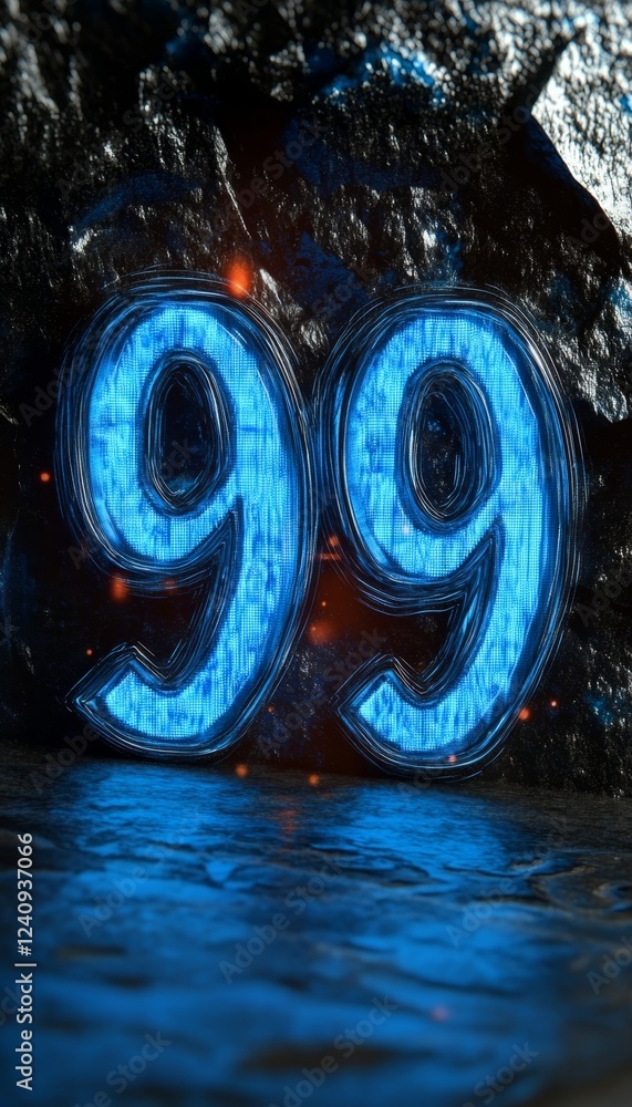 Poster glowing digital 3d number 99 in futuristic blue style on an abstract grunge background