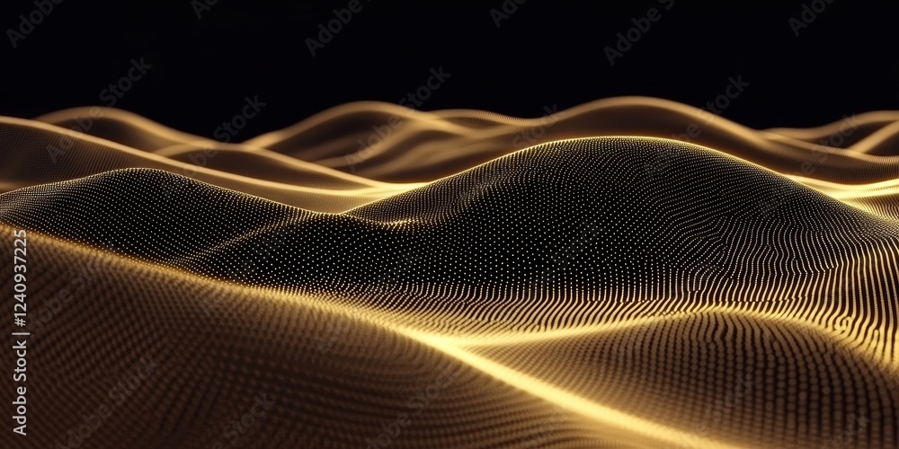 Poster abstract golden wave of dots and lines, polygonal structure with vibrant hues and crisp edges