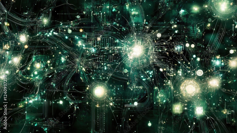 Poster a futuristic industrial ai server room filled with glowing digital circuits and data streams.