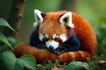 Obraz premium Red panda nestled amongst leaves, looking down, red panda, jungle