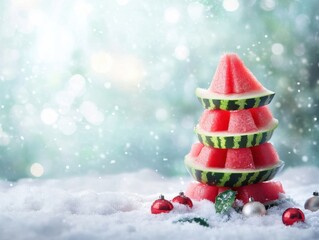 A whimsical Christmas tree made of watermelon slices, set against a snowy backdrop, creating a festive and refreshing holiday vibe.