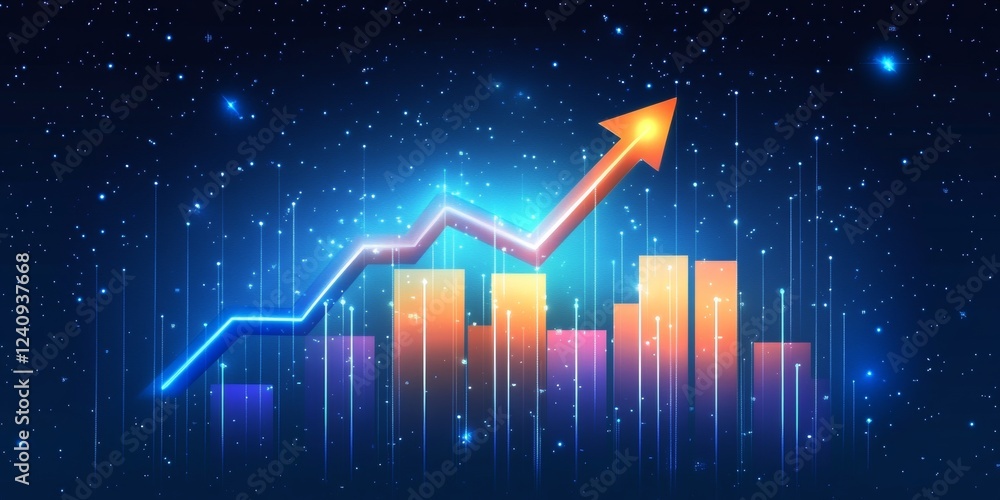 Poster ascending glowing graph line on a dark blue gradient background with simple bars, symbolizing growth