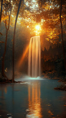 Golden Sunlight Illuminates Waterfall in Lush Tropical Forest