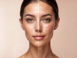 Dual-sided portrait of woman with acne vs clear skin, skincare journey concept on beige backdrop with stud earring