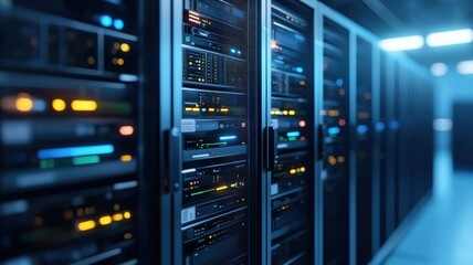 A close-up view of data servers in a modern server room, showcasing illuminated components and a sleek, high-tech environment.