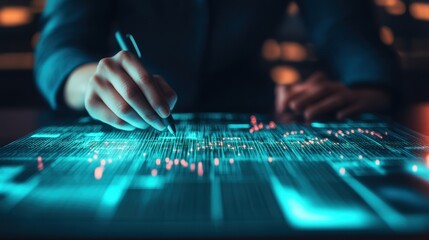 A person interacts with a glowing digital interface, manipulating data points in a futuristic setting, showcasing advanced technology and innovation.