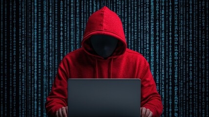 A mysterious figure in a red hoodie sits in front of a laptop, surrounded by cascading green binary code, suggesting themes of hacking and cyber activity.