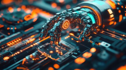 Fototapeta premium A high-tech cybernetic industrial system integrating AI and human-machine collaboration.
