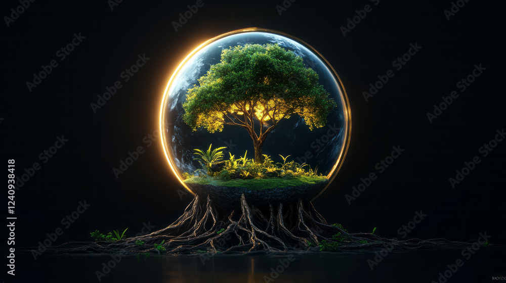 Poster a digitally composed concept image of a globe with tree roots encircling it, illustrating global uni