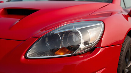 Close-up view of a sleek red sports car showcasing its modern headlight design during golden hour in an outdoor setting
