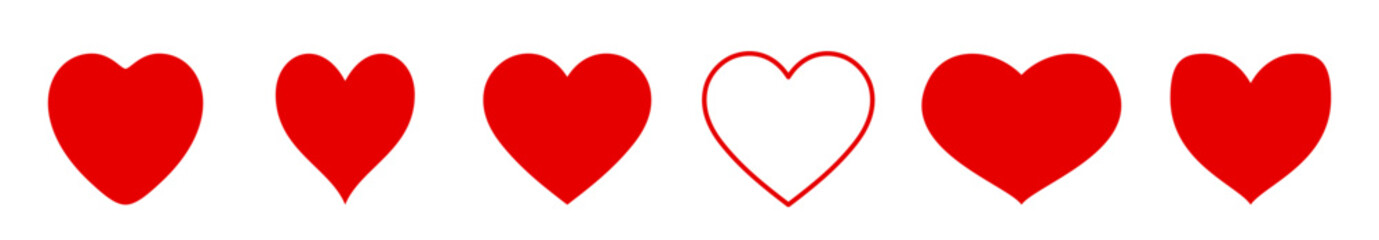 Red Heart Icon collection. Stylised heart shape isolated on white background.