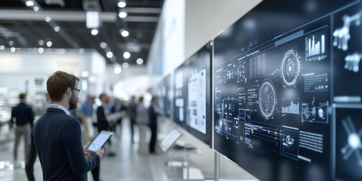 IT business convention, demonstration booth. Long exposure.  Hand edited generative AI.