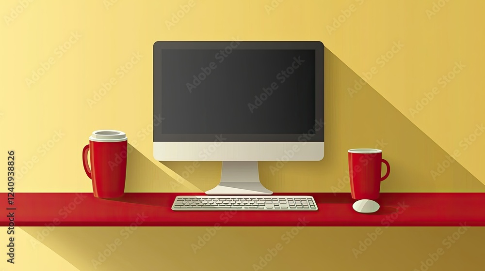 Poster minimalist desktop computer setup with red mugs