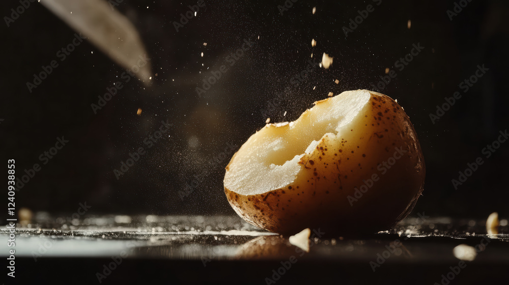 Poster close up of potato being sliced, showcasing texture and freshness of vegetable. action creates dynam