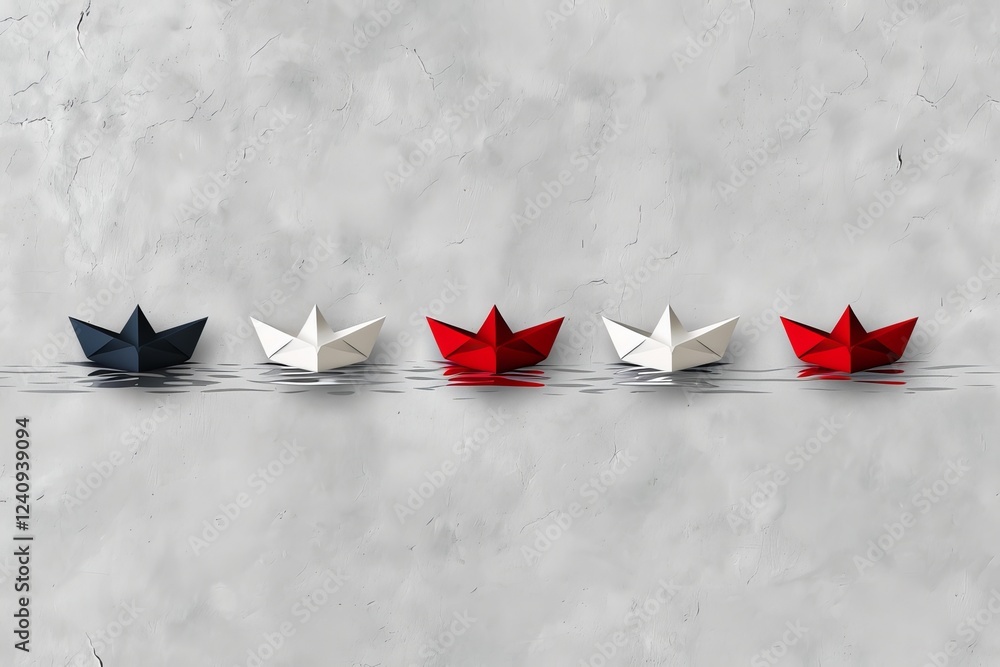 Poster five colorful paper boats on a textured surface, creating a serene and artistic display.