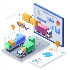 Obraz premium Digital Logistics and Supply Chain Management Concept with Trucks and Charts for Efficient Cargo Delivery