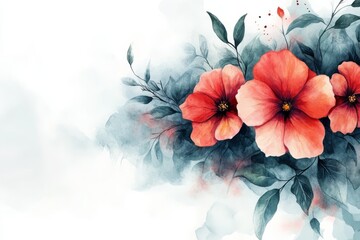 Watercolor Painting Of Red Flowers And Teal Leaves.