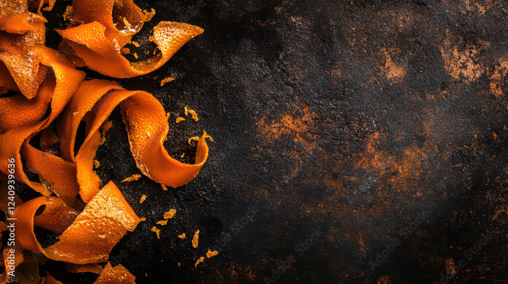 Poster fresh orange peels and zest create vibrant contrast against dark background, adding touch of color a