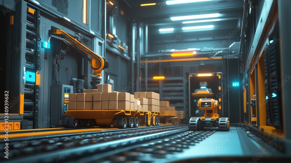 Poster a robotic warehouse with autonomous machines organizing and transporting large cargo boxes.