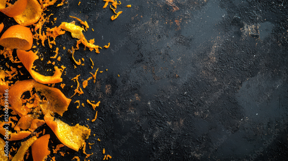 Poster close up of orange peels and zest scattered on dark surface, creating vibrant contrast. texture and 