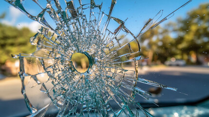 Bullet hole on car glass closeup