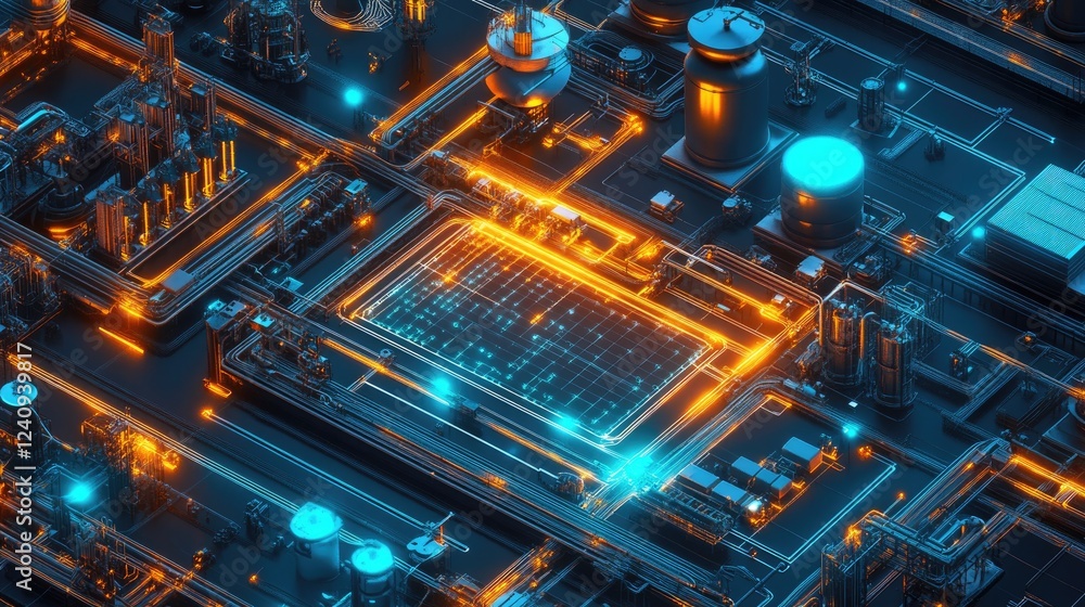 Poster a smart grid with ai-powered automation controlling industrial energy distribution.