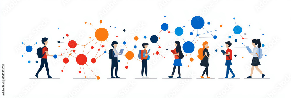 Poster a modern graphic illustration showing students and teachers connected through virtual interfaces, em