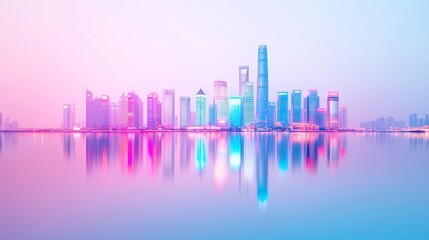 Fototapeta premium Shanghai Bund Spectacle, vibrant light show illuminating futuristic towers, shimmering river reflections, dynamic urban life captured from above, showcasing the city's energetic atmosphere