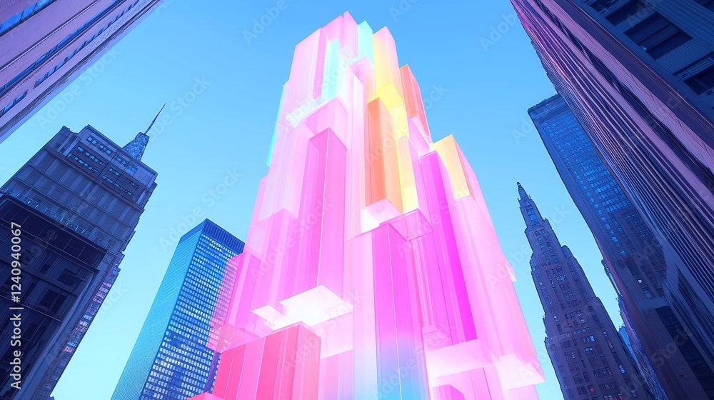Poster dynamic urban canvas, a towering skyscraper adorned with vibrant, animated digital art projections, 
