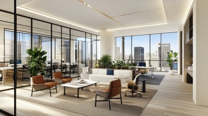 A spacious corporate office with white walls, glass partitions, and natural lighting.
