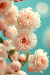 Fototapeta premium Delicate Beauty Close-Up of Pink and White Flowers With Glistening Dewdrops, Blurred Background