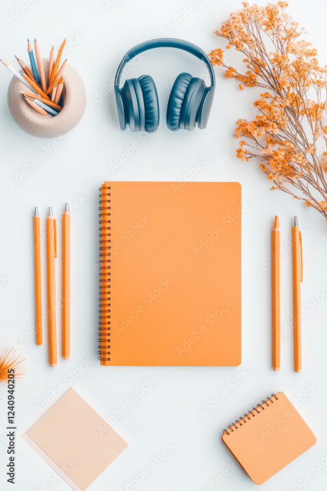 Poster A serene overhead view of a studentâ€™s desk setup for remote learning, featuring neatly arranged stationery, headphones, and a digital planner for task management,