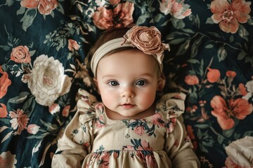 Fototapeta premium Adorable baby girl in floral dress