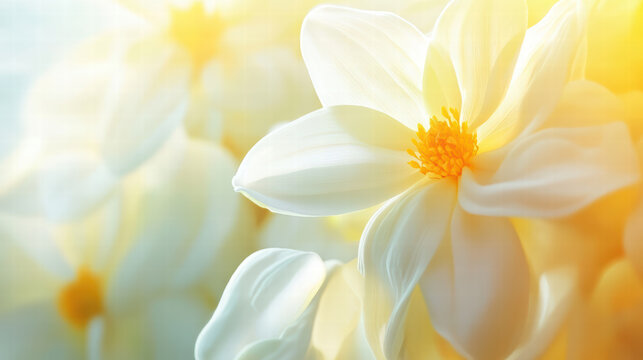 close up of delicate white flowers with soft yellow highlights, creating serene and tranquil atmosphere. gentle petals and vibrant center evoke feelings of peace and beauty - Powered by Adobe