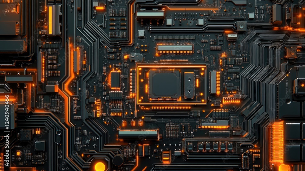 Aufkleber close-up of automated circuit board assembly, robotic arms placing microchips with extreme precision