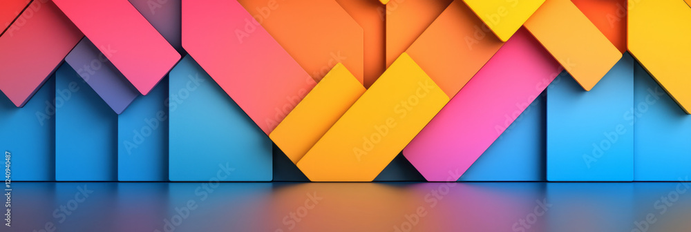 Poster A futuristic composition of color-changing LED panels arranged in geometric shapes, set against a completely dark room for a bold visual statement,