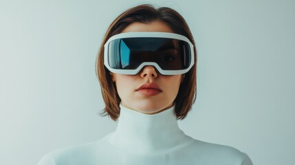 A woman in futuristic goggles stands against a minimalist background, wearing a sleek white outfit that emphasizes a modern aesthetic.